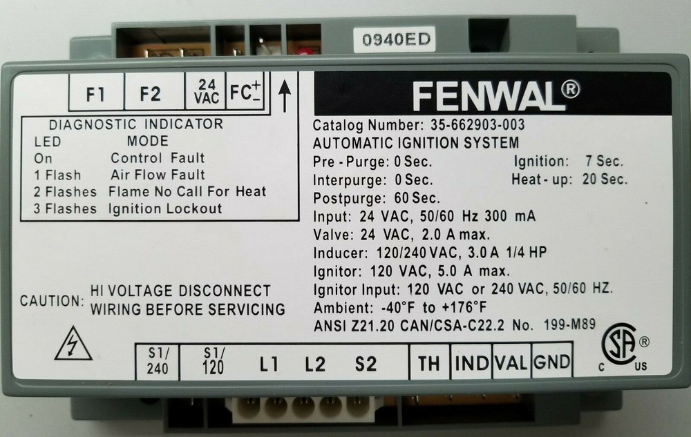Fenwal 35-662903-003 Automatic Ignition Control, Pre-owned