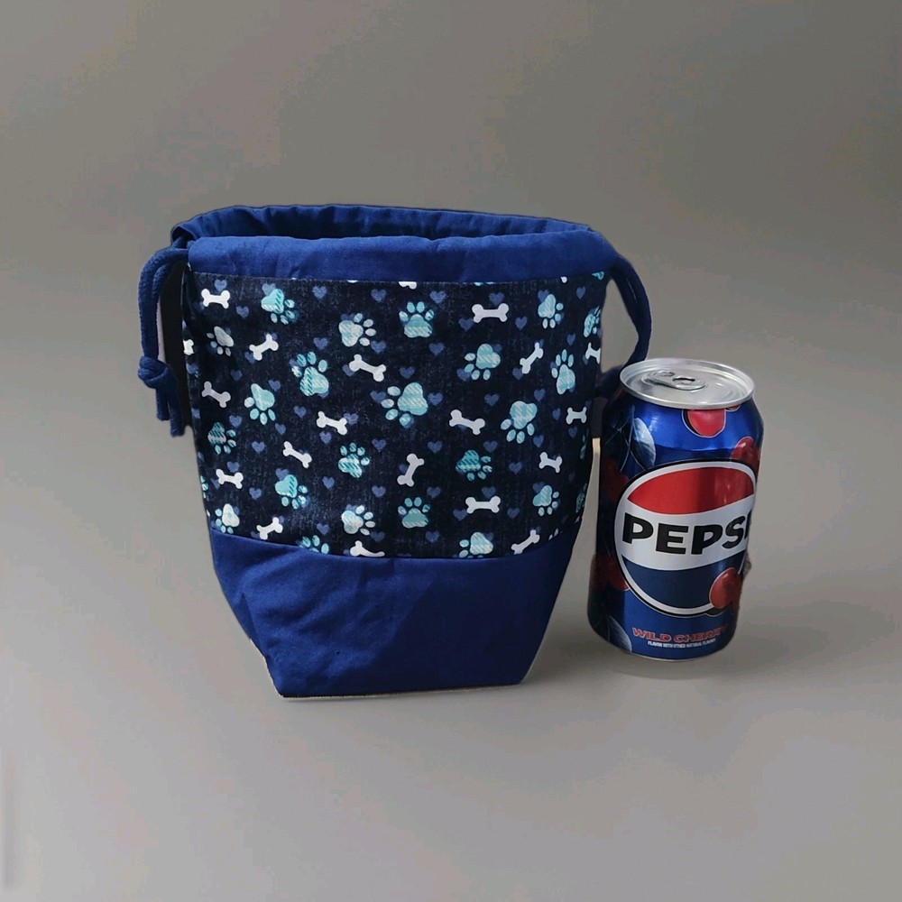 New Handmade Drawstring Bag Blue Paw Print Bone Pattern Green Lining