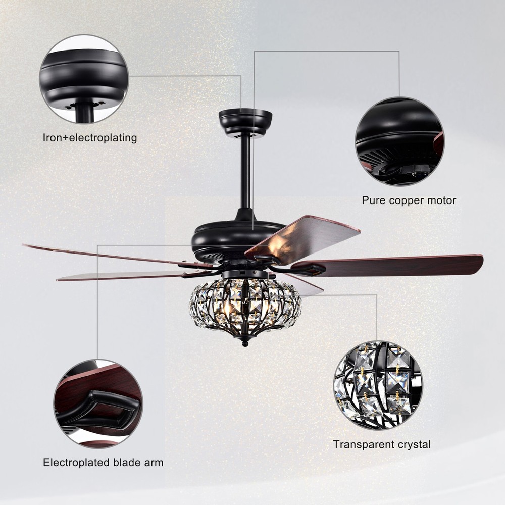 52'' Crystal Shade Ceiling Fan Lamp With Remote Control 3 Speed