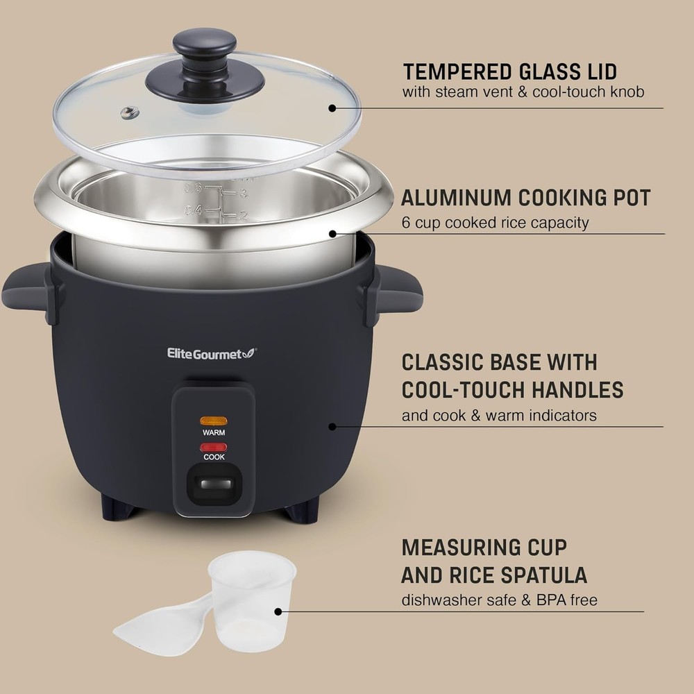 Elite Gourmet 6-Cup Electric Rice Cooker with Automatic Keep Warm