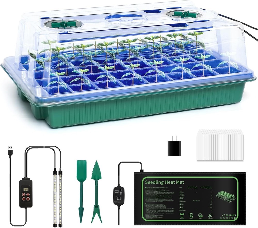 40 Cell Seed Starter Kit with Grow Light and Graphene Heating Mat, Reusable Seed