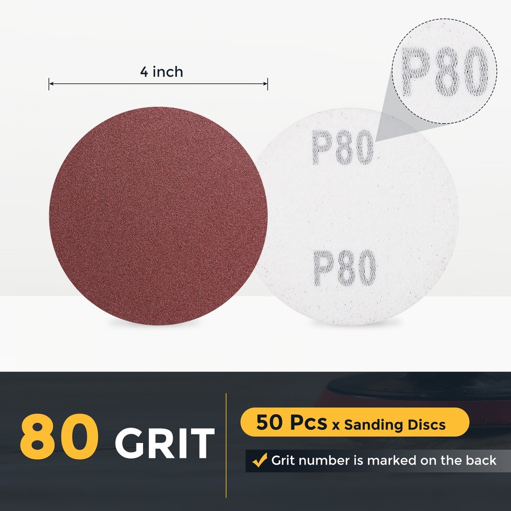 50 Pcs 4 Inch Sanding Disc 80 Grit Hook and Loop Sandpaper