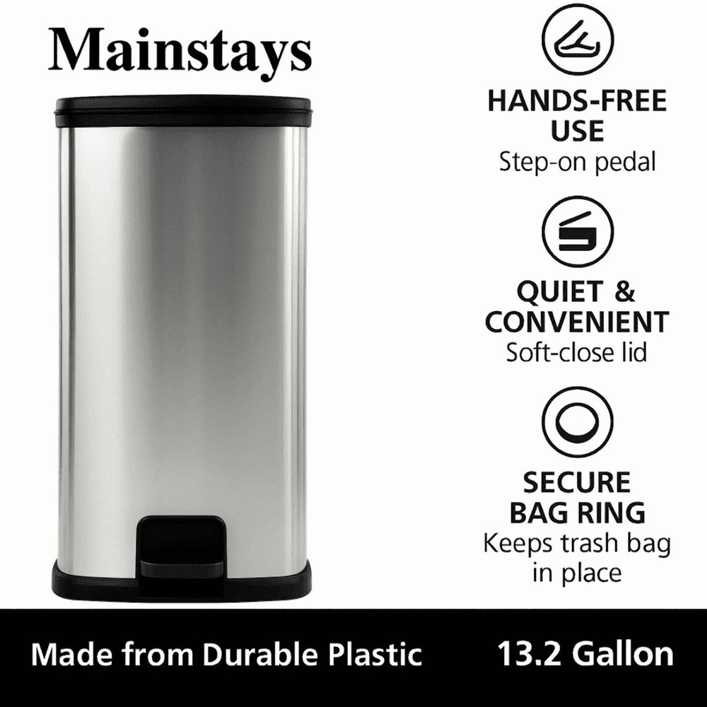Mainstays Kitchen Trash Can, 13.2 Gallon Plastic Step Garbage Bin with Lid, Silv