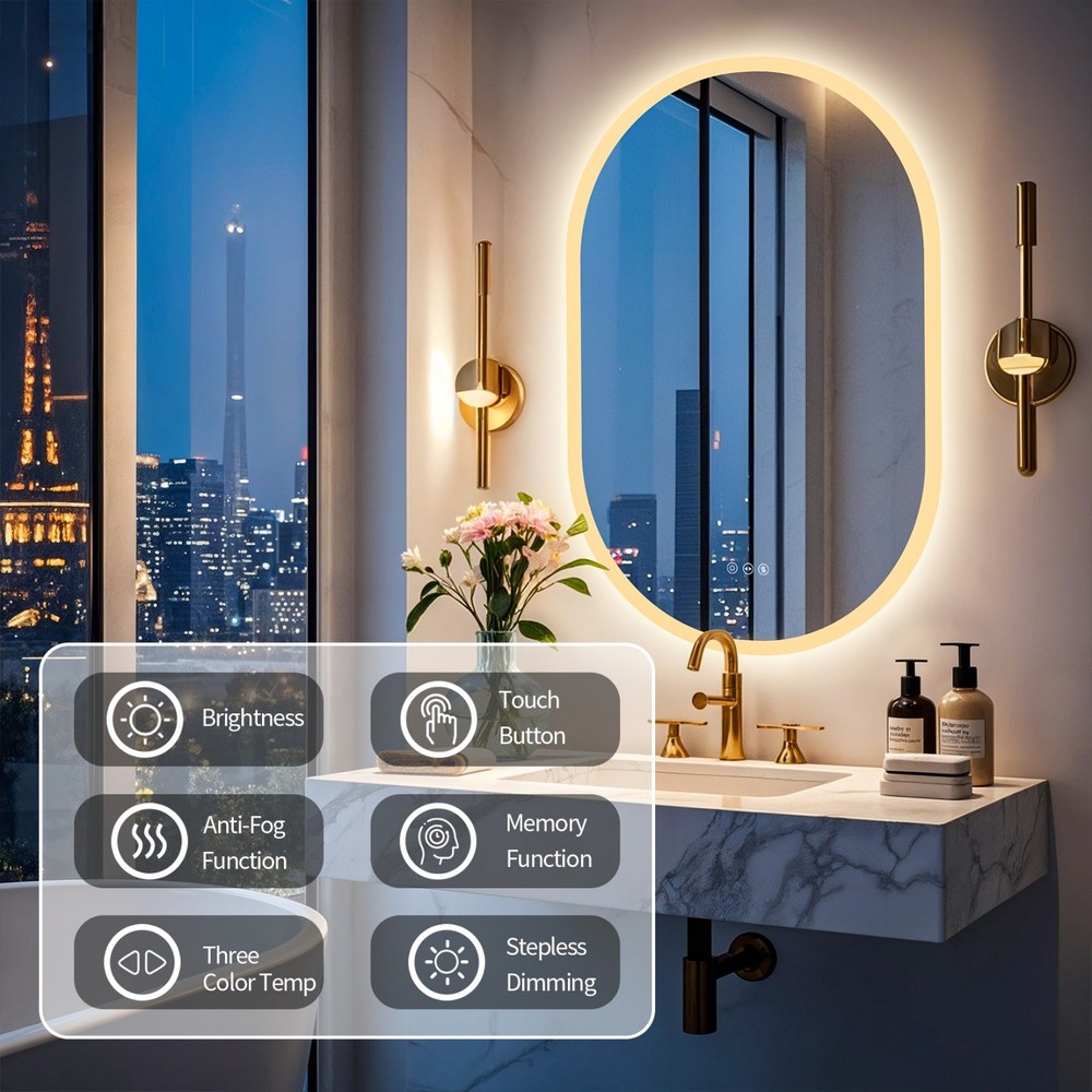 35'' Oval LED Bathroom Mirror w/ Touch Sensor Backlight Wall Vanity Mirror Defog