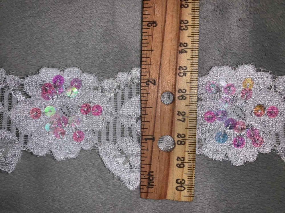 5 yards Solid WHITE leaf stretch lace iridescent sequins bugle beads 2" wide