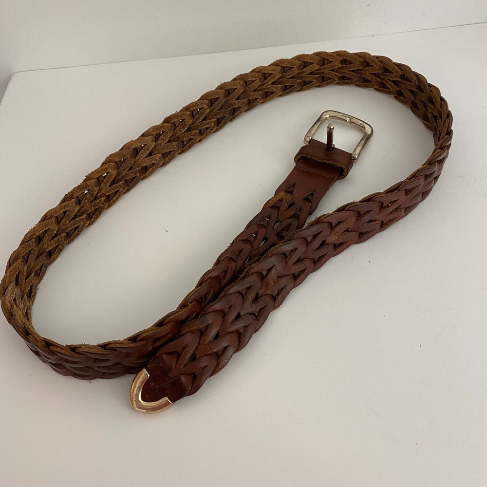 Fossil Brown Leather Woven Belt Womens 36" Silver Hardware