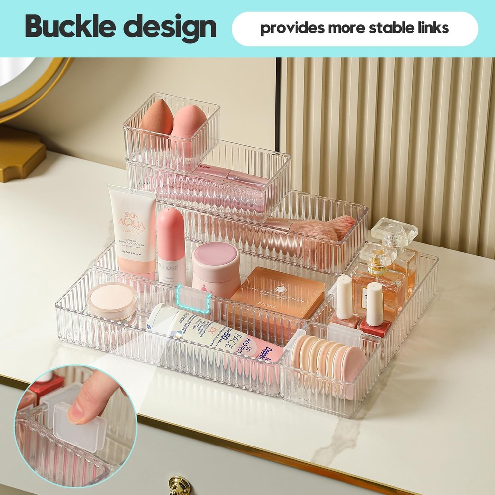 7 Pc Clear Drawer Organizer Bins, 4-Size, Stackable, Buckles, Makeup, Vanity