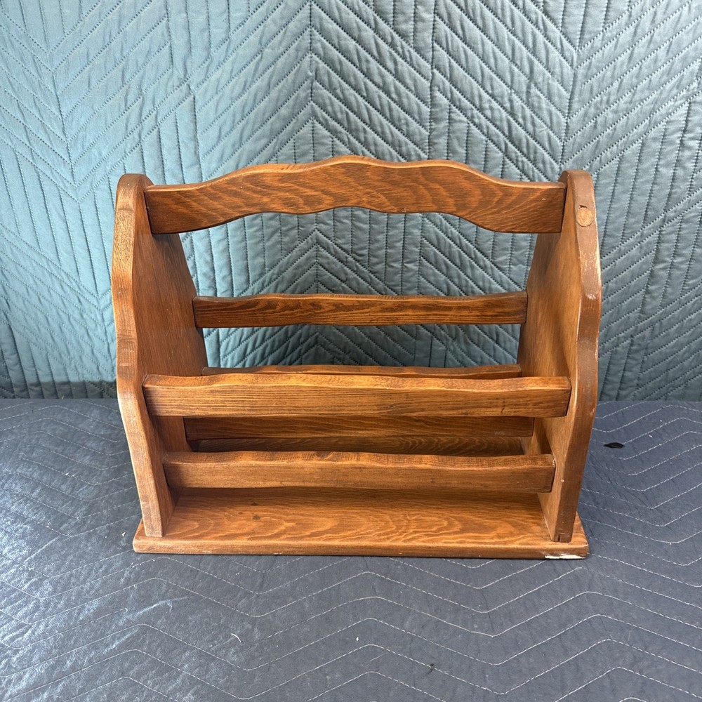 VINTAGE Solid Wood Magazine Rack Stand W/ Handle Portable