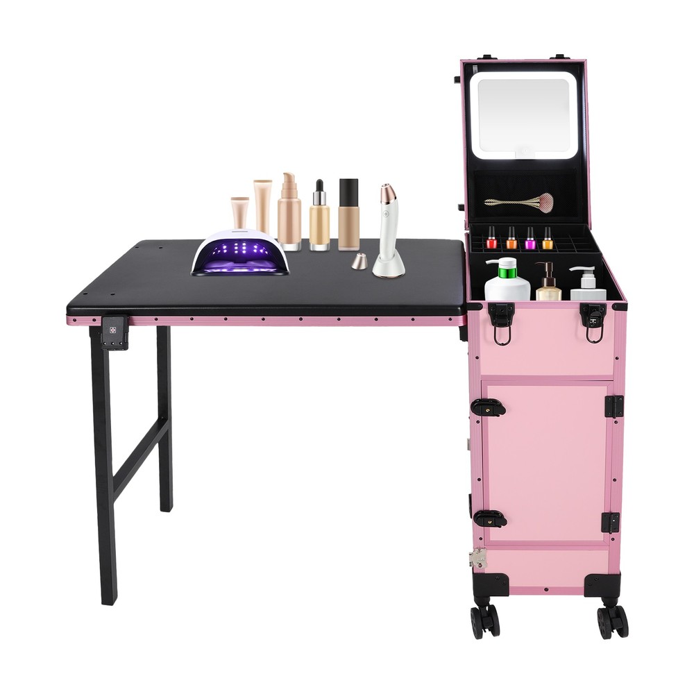 LED Light Rolling Makeup Train Case Nail Art Manicure Make-up Trolley Box Mirror