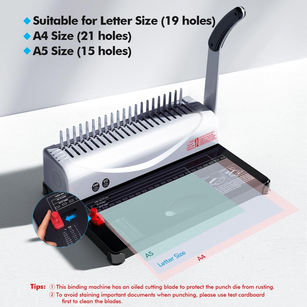 Binding Machine, 21-Hole, 450 Sheets, Comb Binding Machines with 1 Box Comb B...