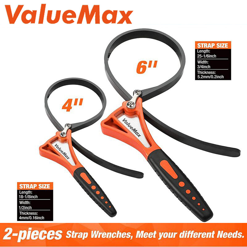 ValueMax 2PC Rubber Strap Wrench Set 4" & 6" Adjustable Straps Nylon TPR Handle