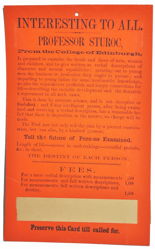 mid 19th Century -   PHRENOLOGY  HANDBILL