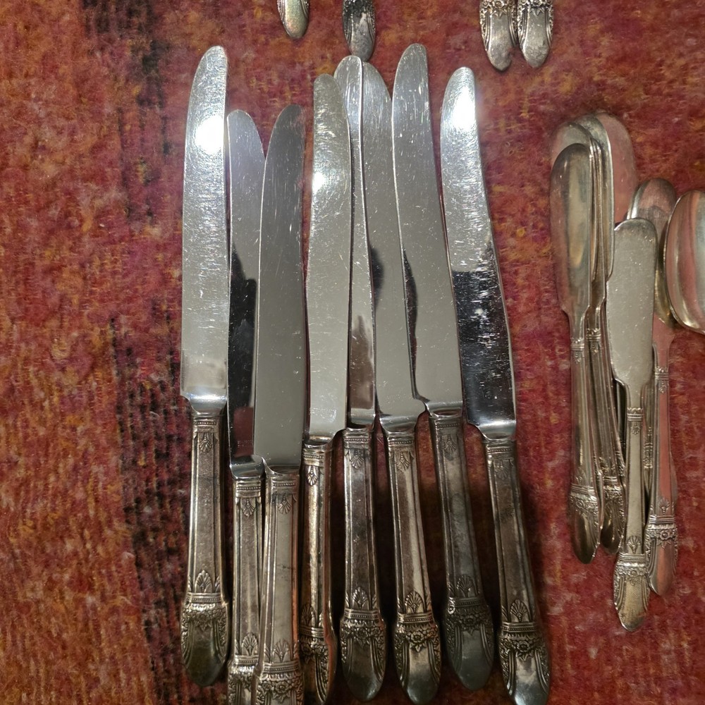58 piece set 1847 Rodger Bros Silverplate Flatware First Love Pattern 1937-1973