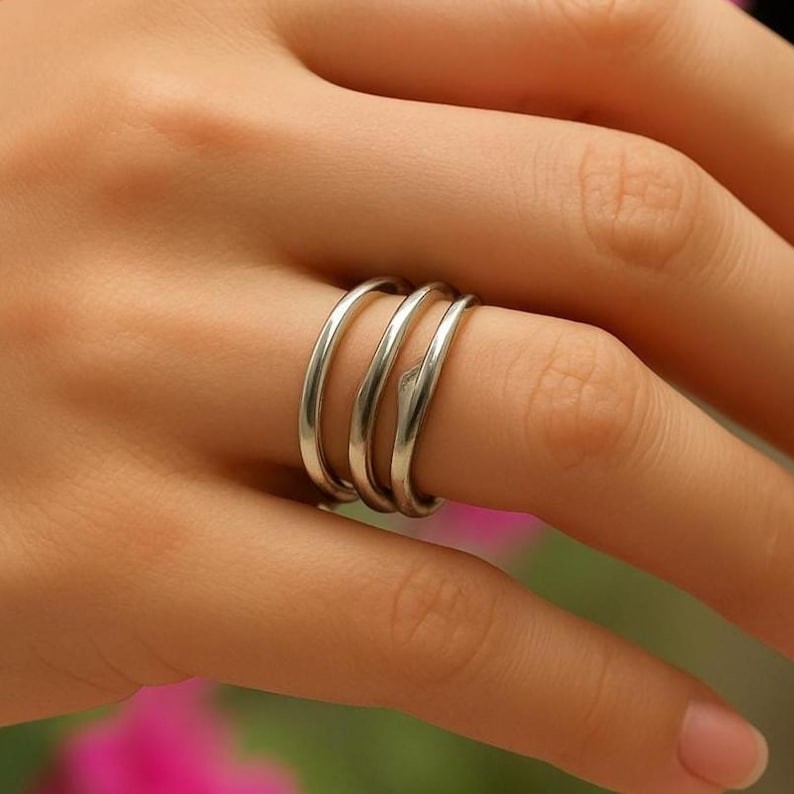 Handmade 925 Sterling Silver Triple Band Ring Adjustable Minimalist Stacking