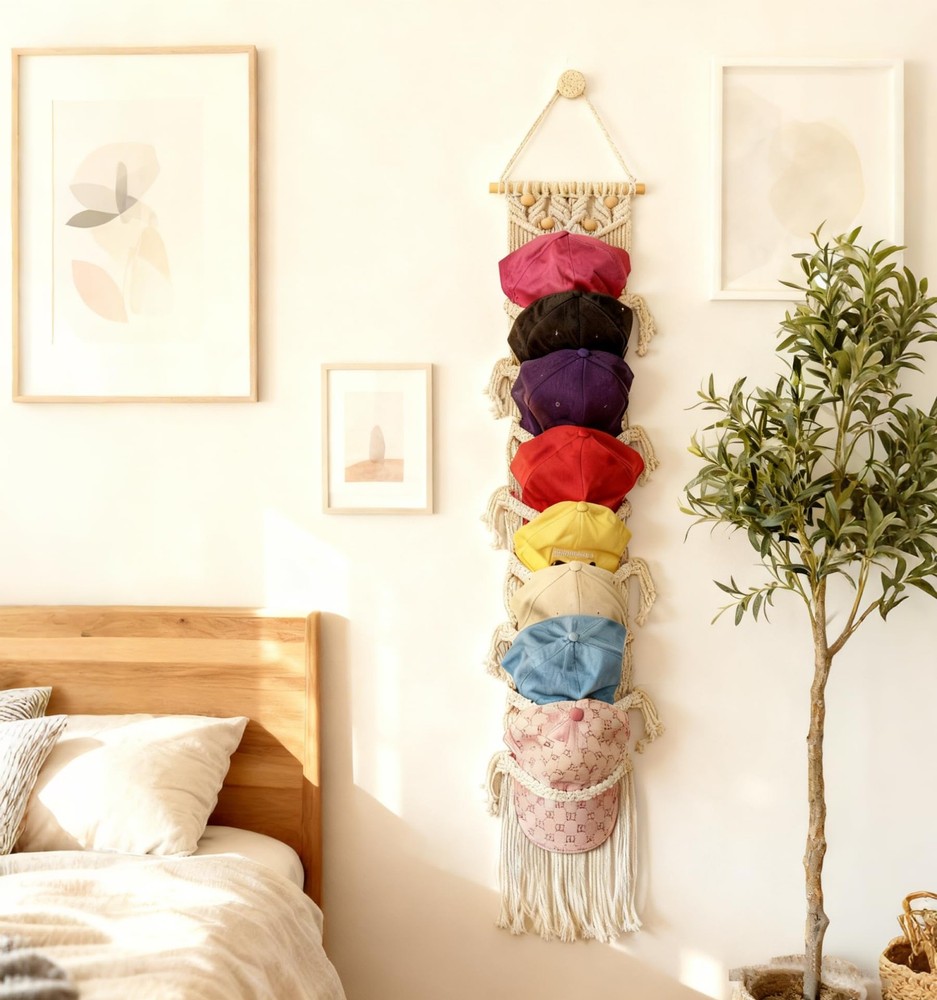 8-Tier Macrame Baseball Cap Organizer With Boho Hooks—Handwoven Boho Cap Hold...