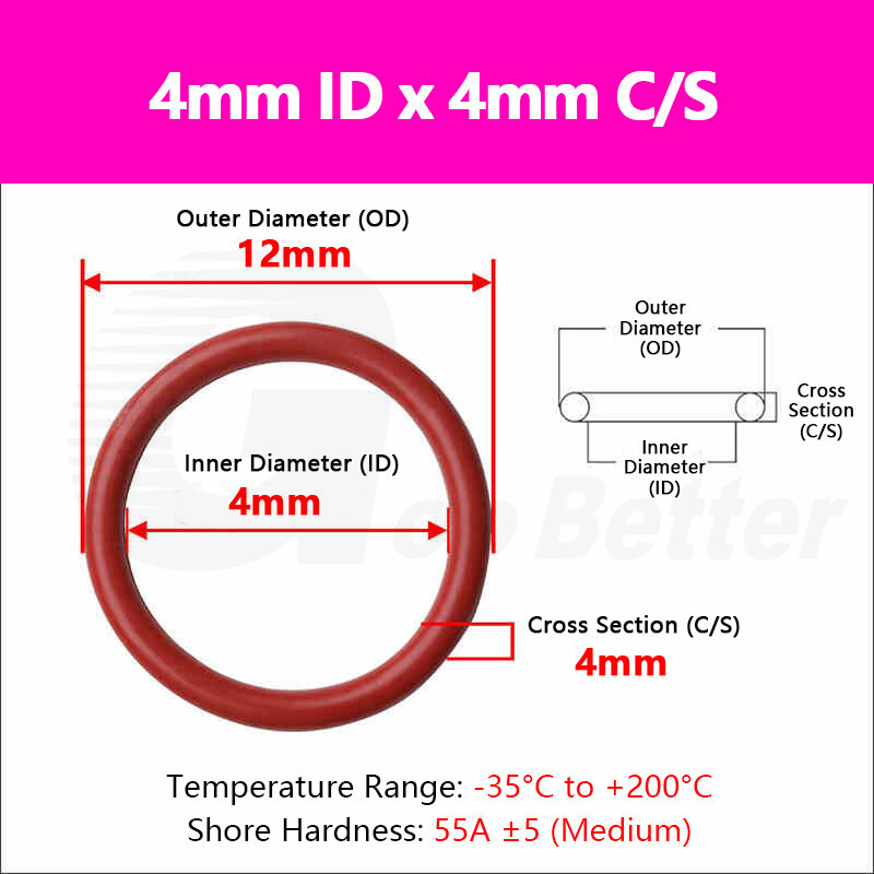 4mm Cross Section O-Ring Silicone Rubber Seals VMQ FOOD GRADE 4mm - 592mm ID Red