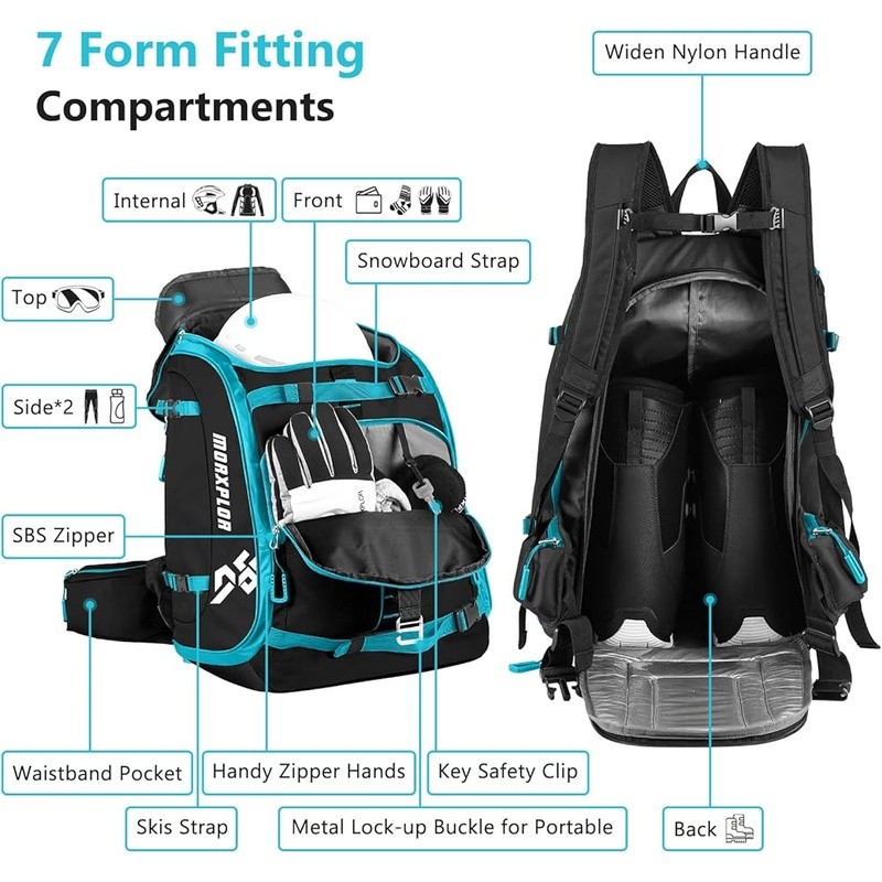 Ski Boot Backpack Waterproof Durable Gear Storage W/ Drain Holes & Pockets 65L