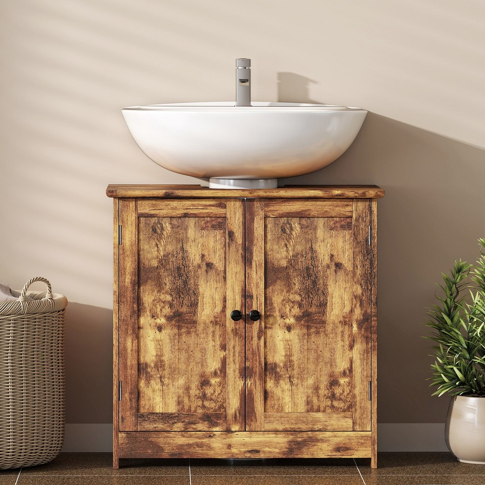 Under Sink Bathroom Cabinet with 2 Doors and Shelf, Rustic Brown