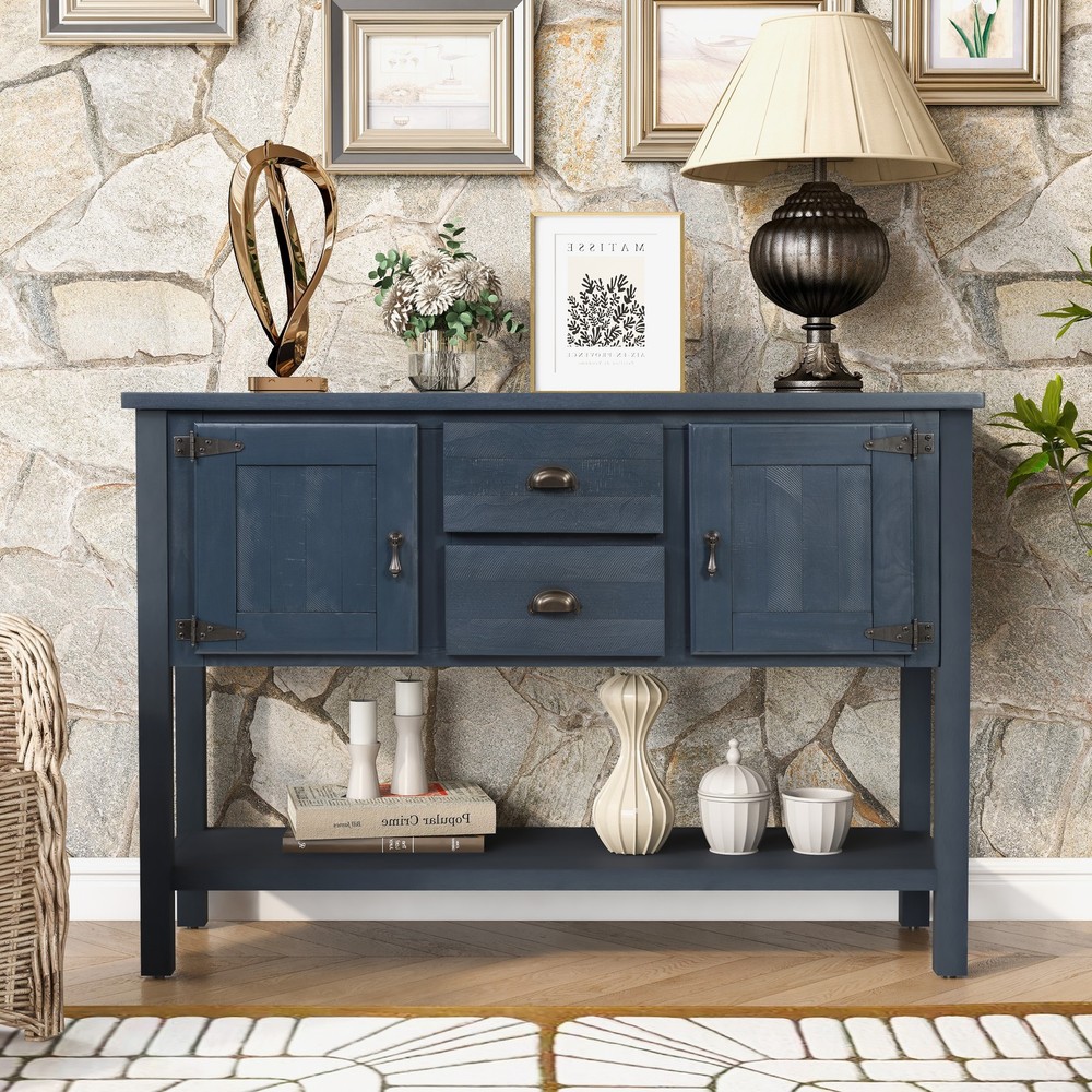 Solid Wood Sideboard Console Table w/ 2 Drawers, Cabinet, Navy Blue