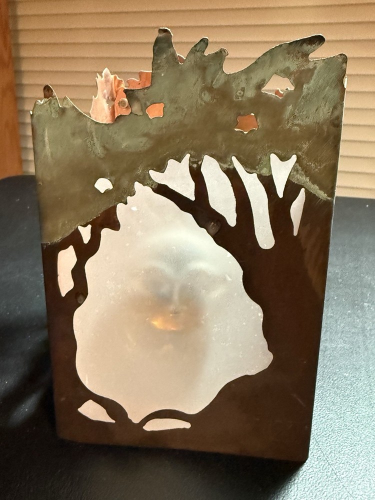 Unique Copper Candle Holder, Moon Face, Signed - 1995
