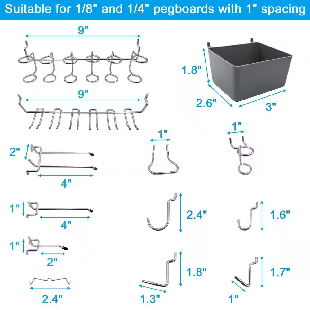 Pegboard Hooks Assortment with Pegboard Bins and Peg Locks for Organizing Variou