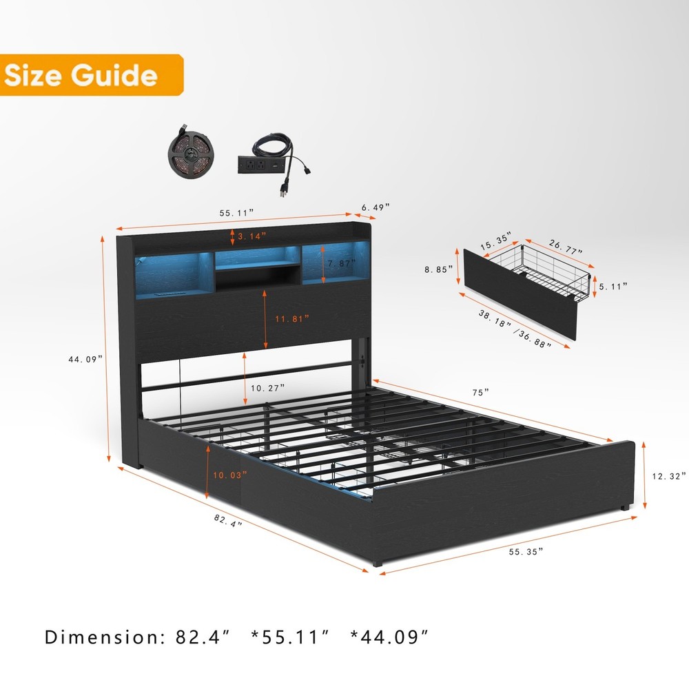 Full/Queen Size Platform Bed Frame w/ LED Lights & Storage Headboard & 4 Drawer