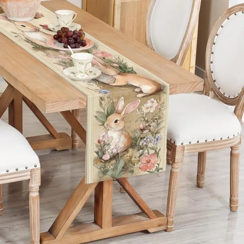 Easter Table Runner Flower Retro 13X72 Inch , Cute Rabbit Pattern Table , Easter