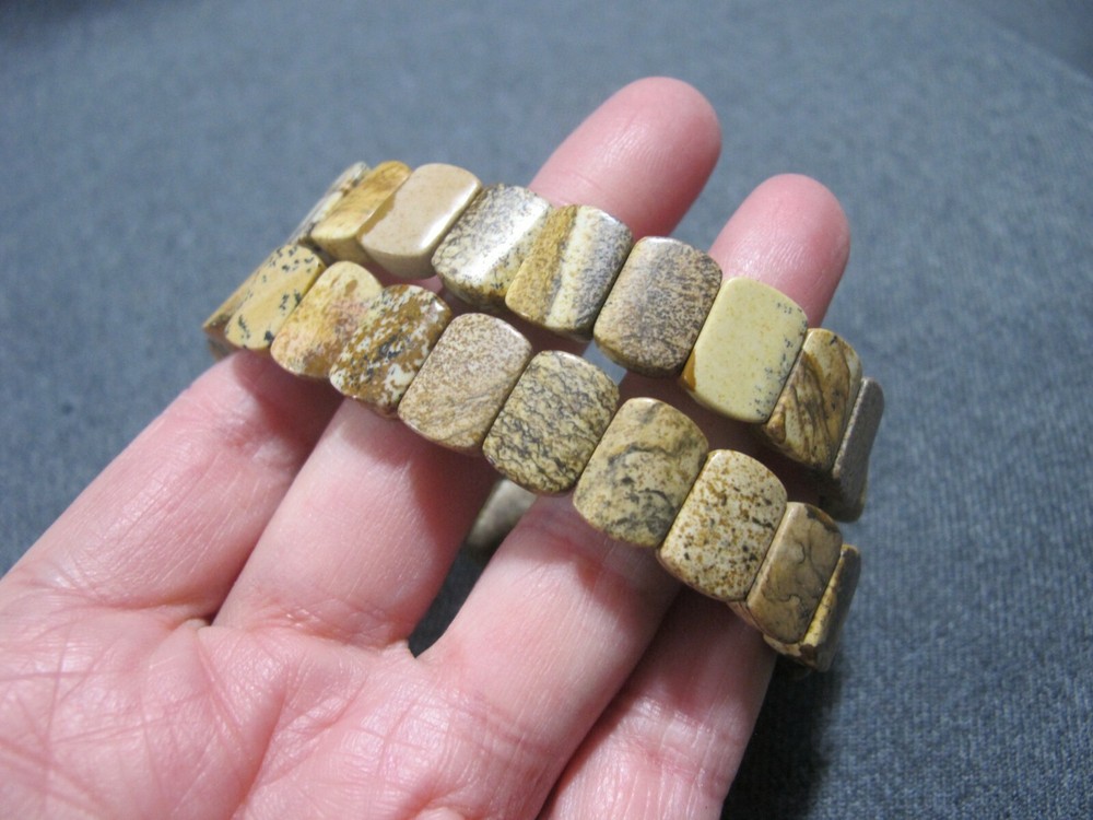 Vintage boho marbled brownish real stones beads elastic 2 bracelets