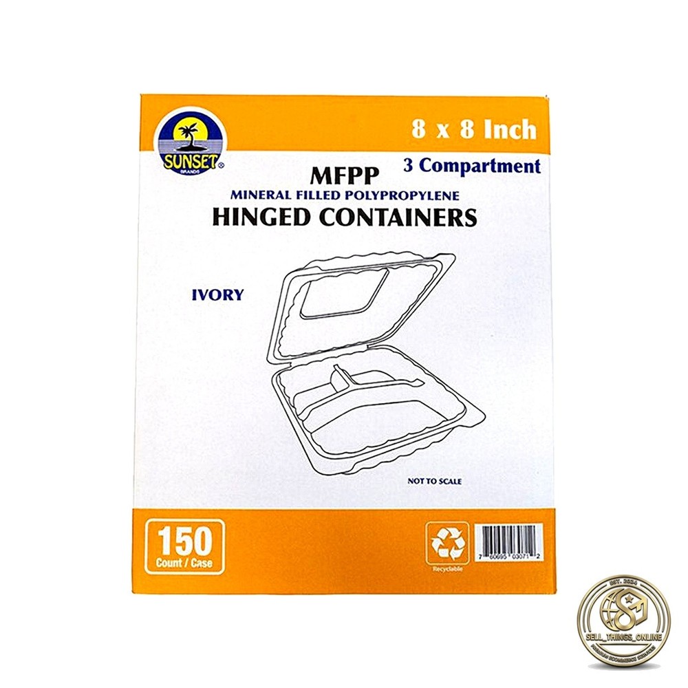 Sunset 8in 3-Compartment Hinged TFPP Container 150ct Bulk