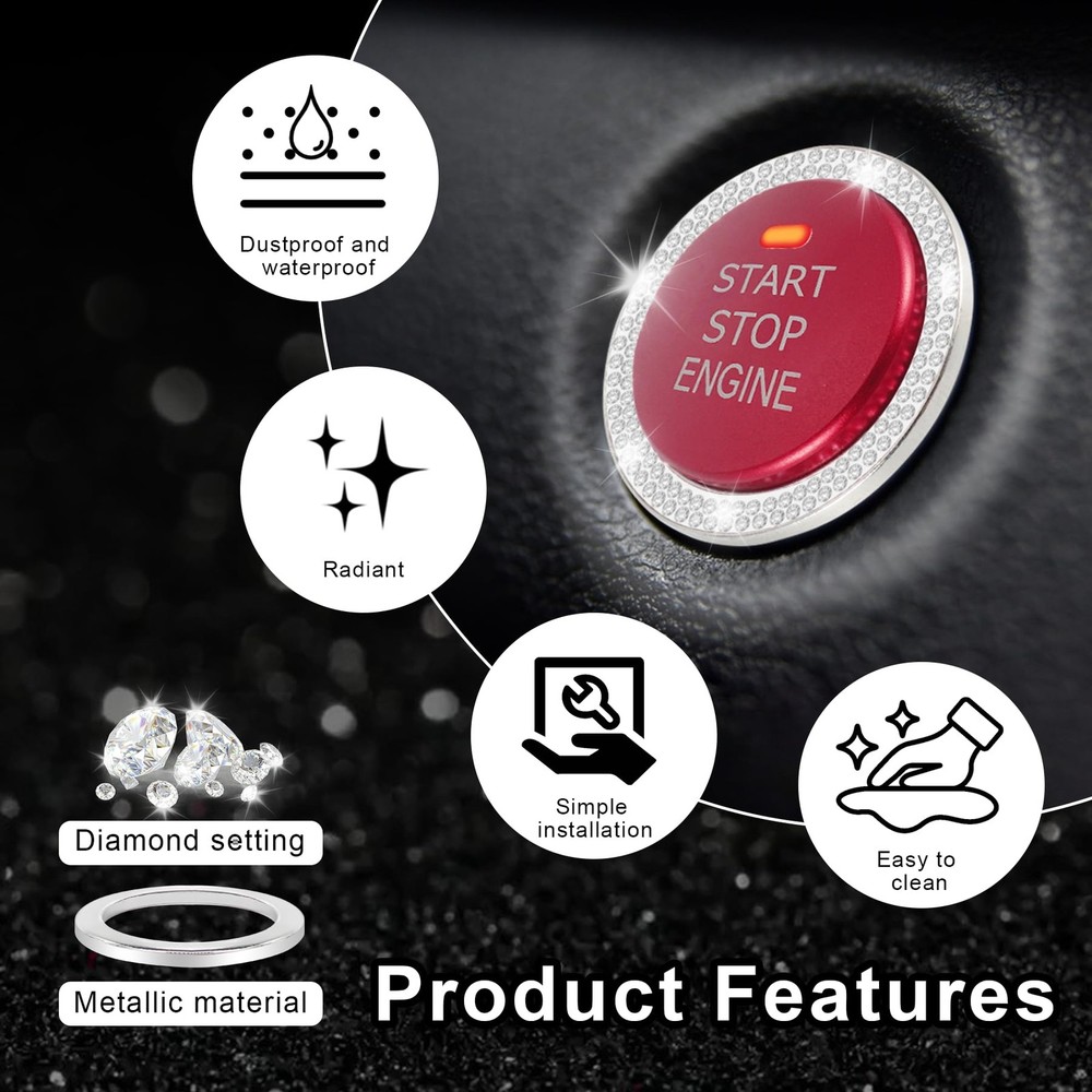 Crystal Start Stop Button Ring 2PCS Rhinestone Car Decor / Anillo Boton Auto