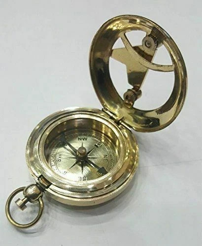 Solid Brass Camping Hiking Pocket Compass Push Button Pocket Sundial