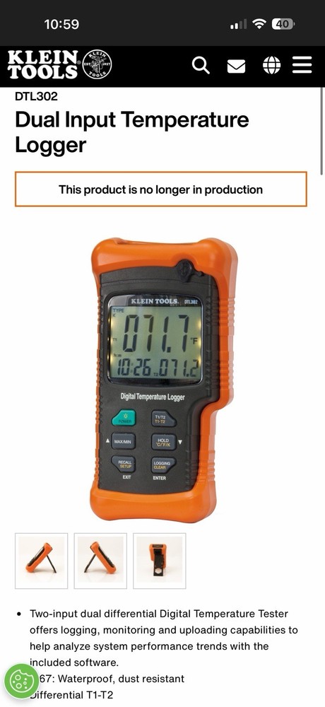 Klein Tools DTL302 - Dual Input Temperature Logger