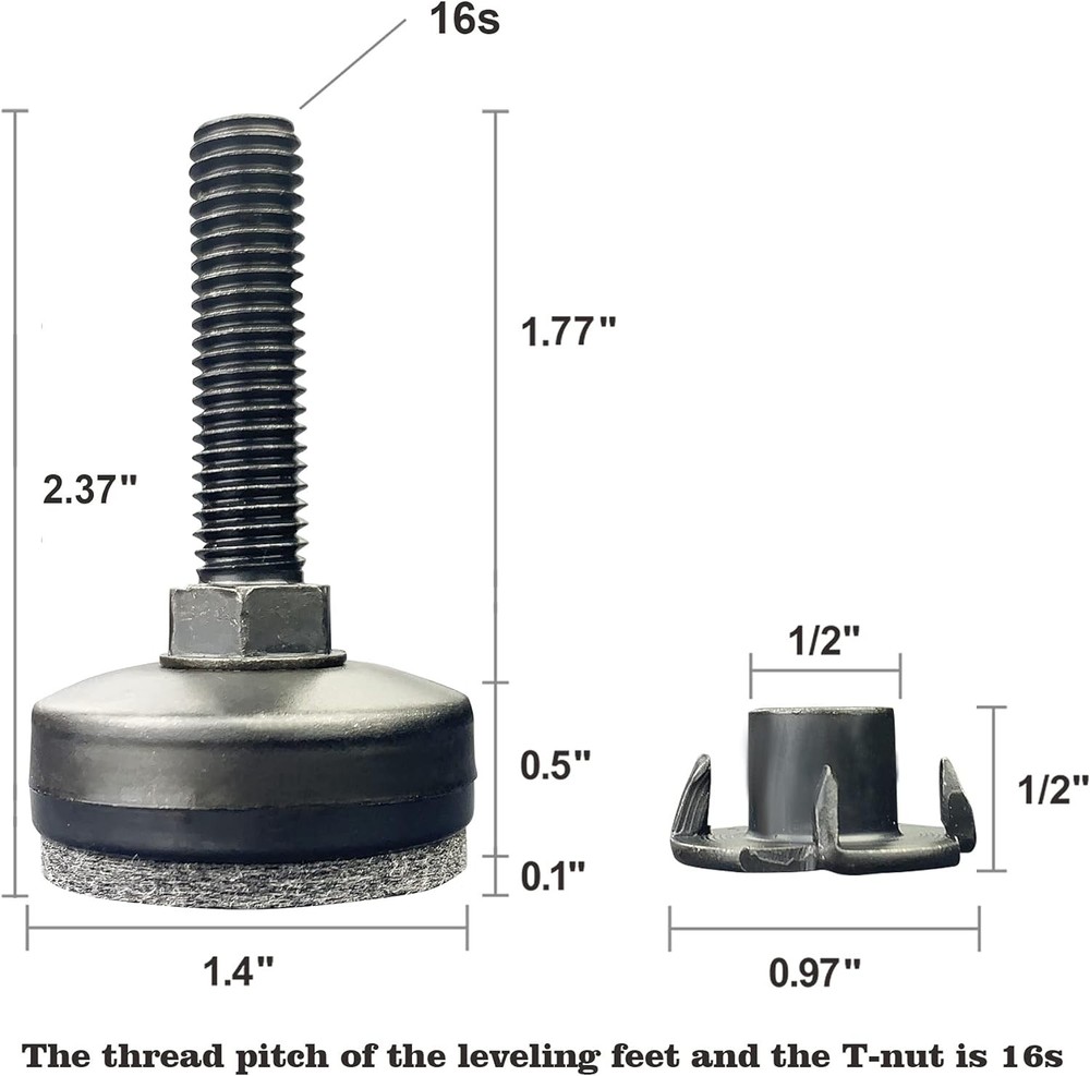 3/8" Threaded Leveling Feet Adjustable 3/8”-16 UNC Thread, 4 Sets