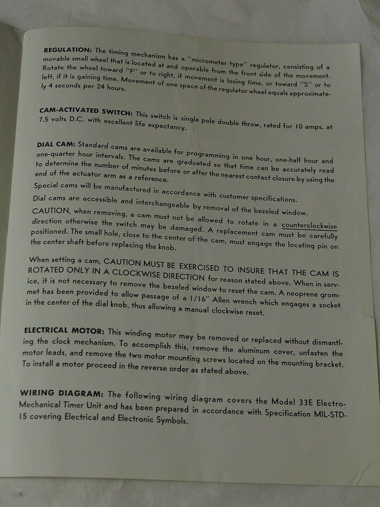 CHELSEA Model 33E Electro Mechanical TImer Operation Booklet circa 1940