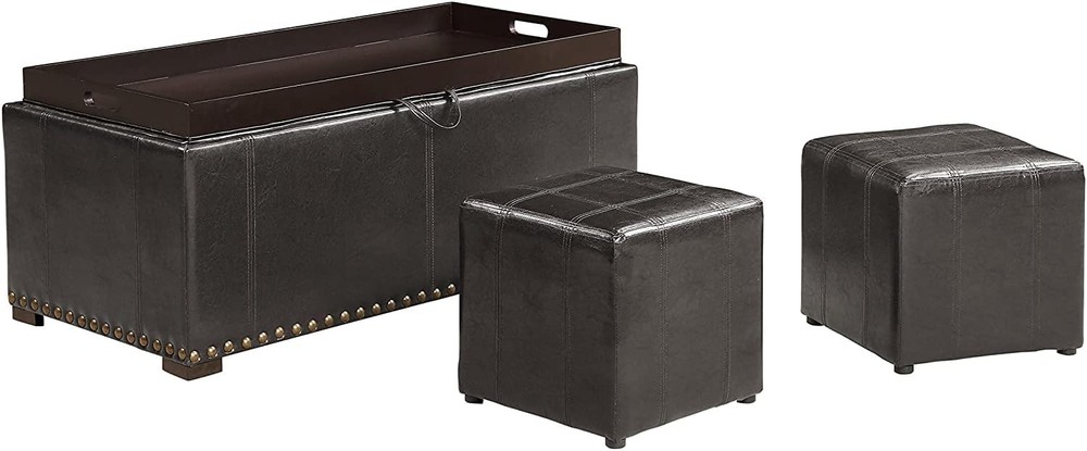 Leather Storage Bench with 2 Side Ottomans Convertible Table Black
