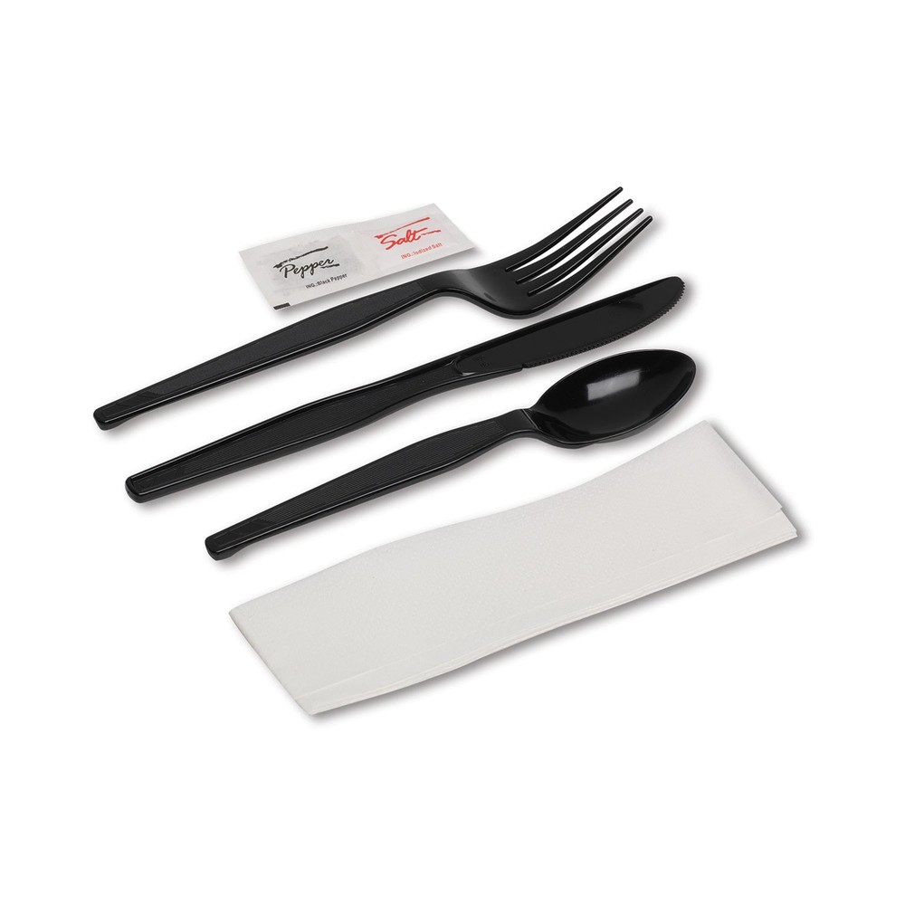 Dixie® WraPolypropyleneed Tableware/Napkin Packets, Fork/Knife/Spoon/Napkin, Bla