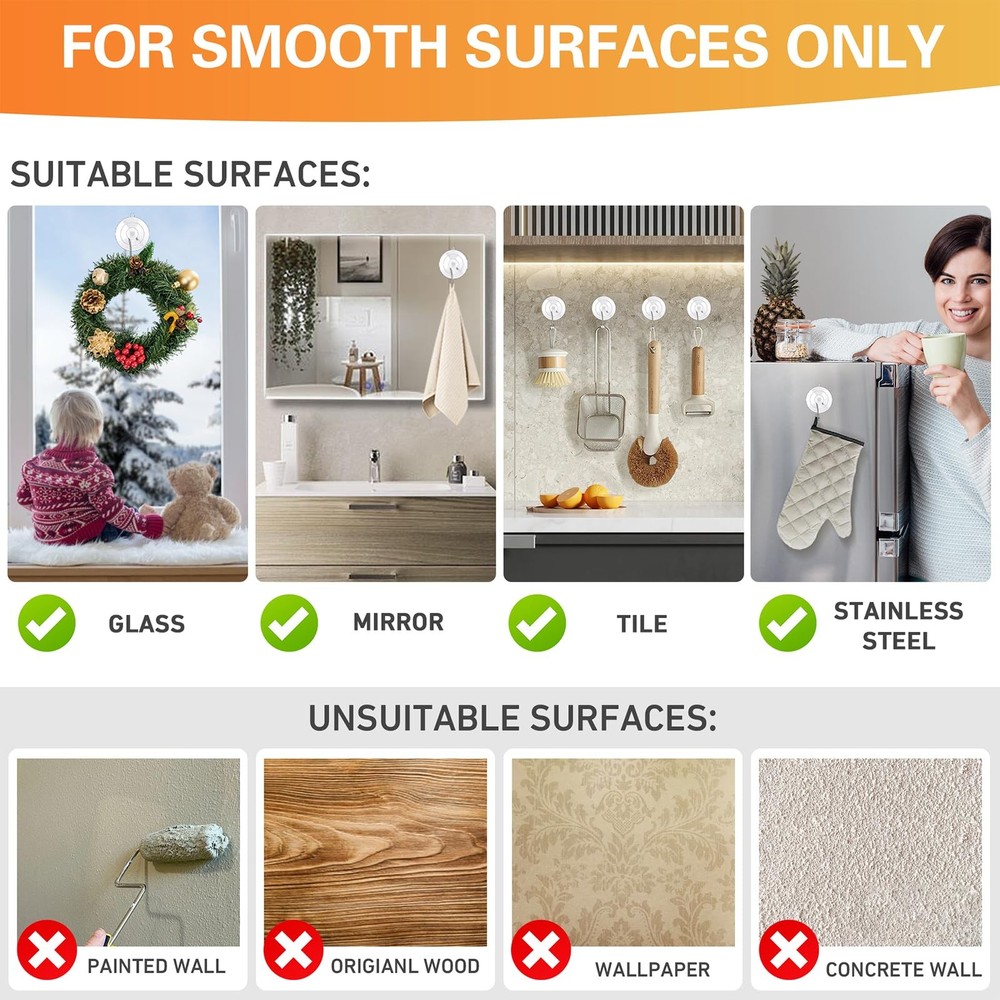 KORCCI Suction Cup Hooks 12Pack - Max Load 10LB, 12pc-Medium Size, Clear