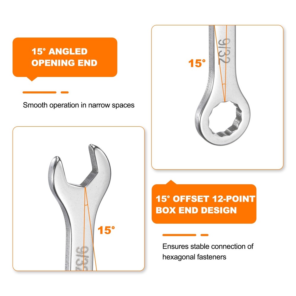 2pcs Thin Combination Wrench 9/32" with 12-Point Ended and 15°Angled Open End