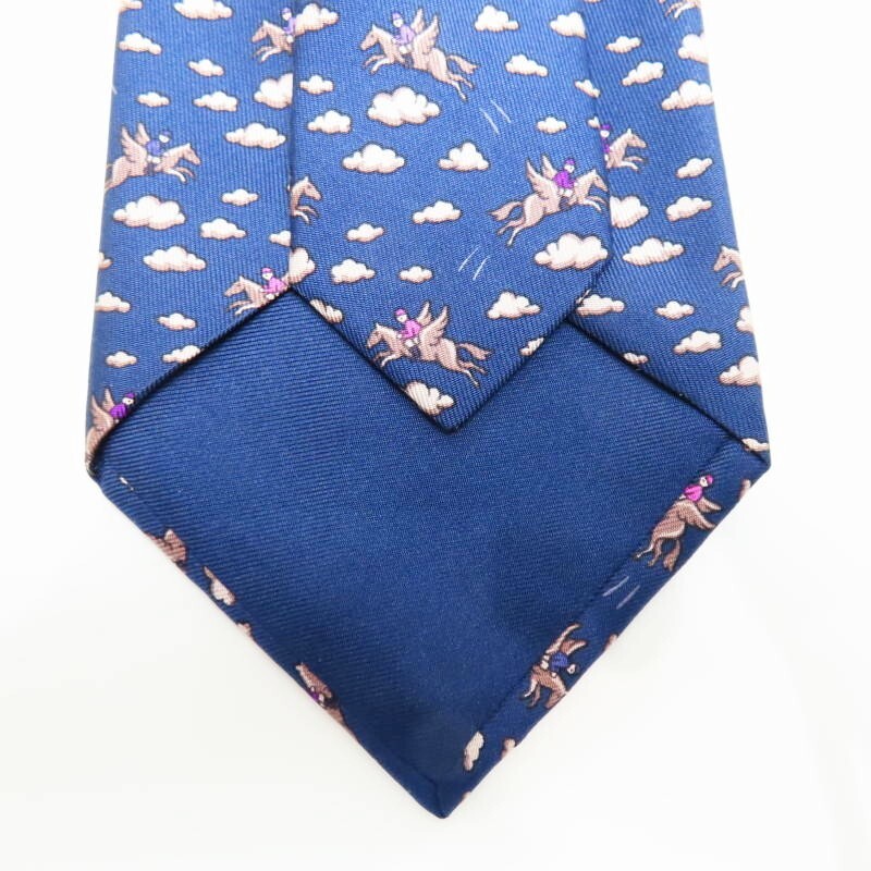 M03-k034 HERMES Pegasus pattern silk tie navy