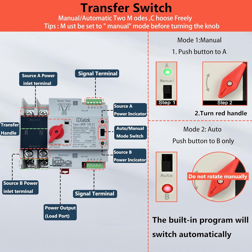 100Amp Automatic Generator Transfer Switch 2P 3-Wire 120/240V Automatic/Manual G