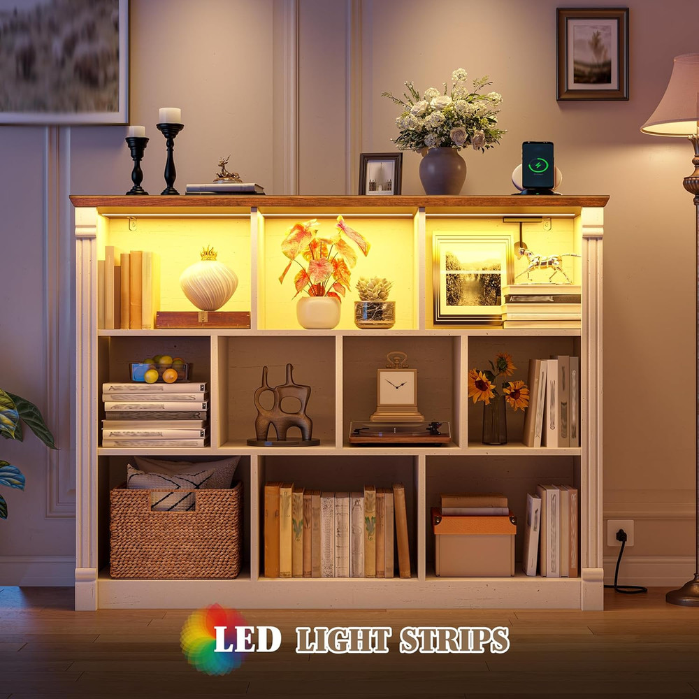 10 Cube Storage Organizer with LED Light and Charging Station, Wood Cube Storage