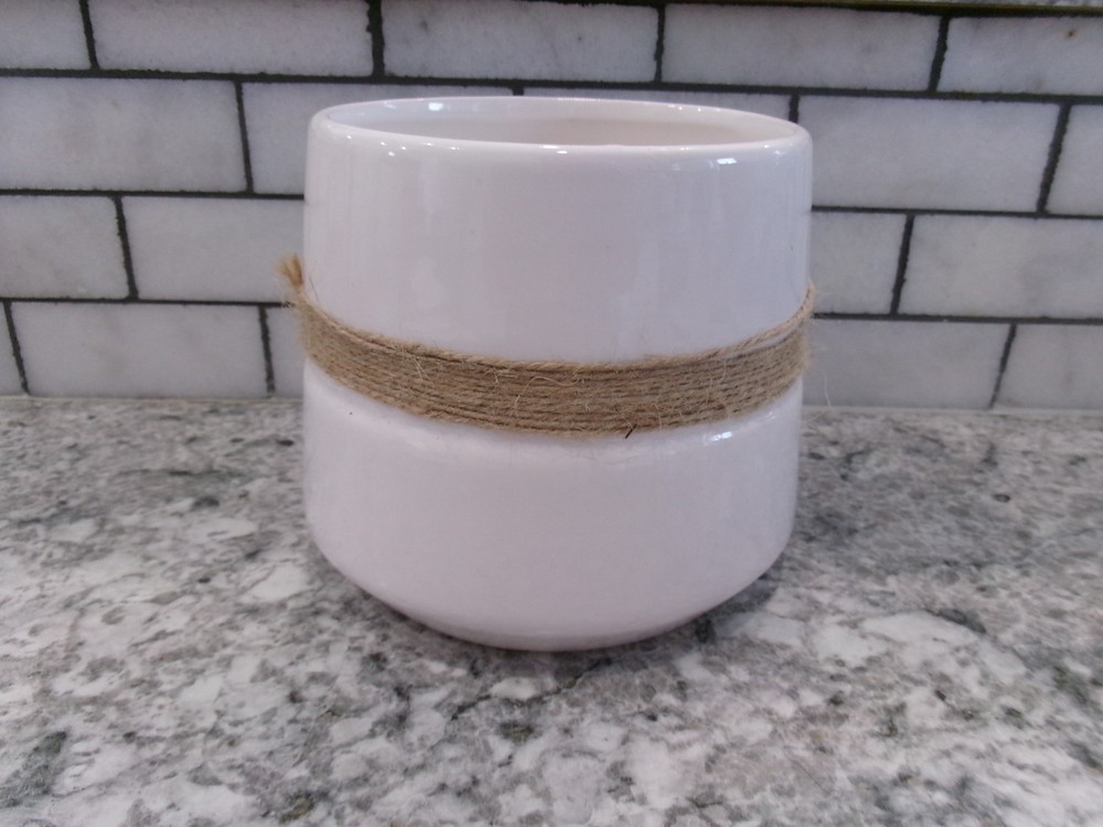 White Planter, Ceramic, Decorative Rope Accent, 5" x 5"