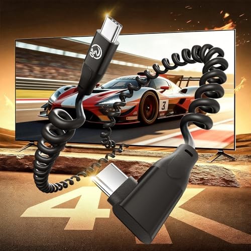 JavicTech Coiled USB C Cable Right Angle 1ft, 20Gbps 3.2 Gen 2 Black