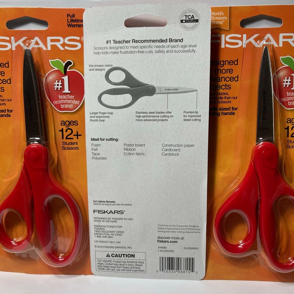 Fiskars Stainless Steel Pointed Tip Scissors 3 Pairs Red