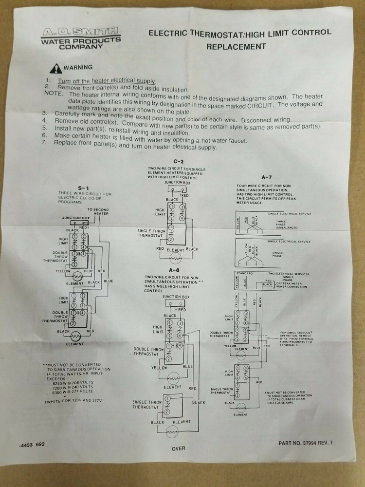 A.O Smith 23898 Single Pole Double Throw Upper Thermostat