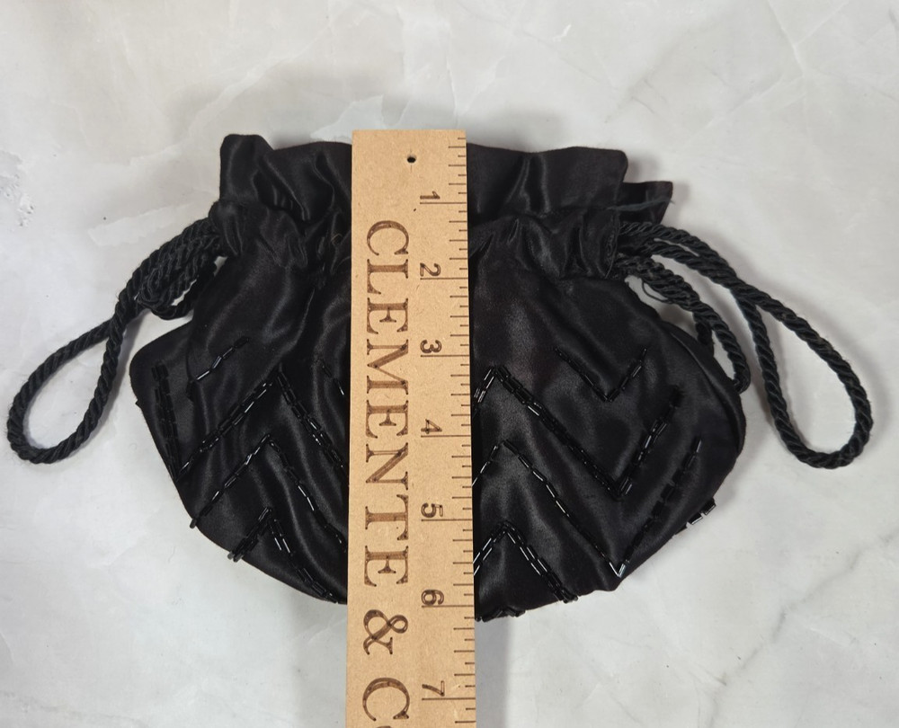 Vintage Black Satin Beaded Drawstring Evening Bag Mini Pouch Purse