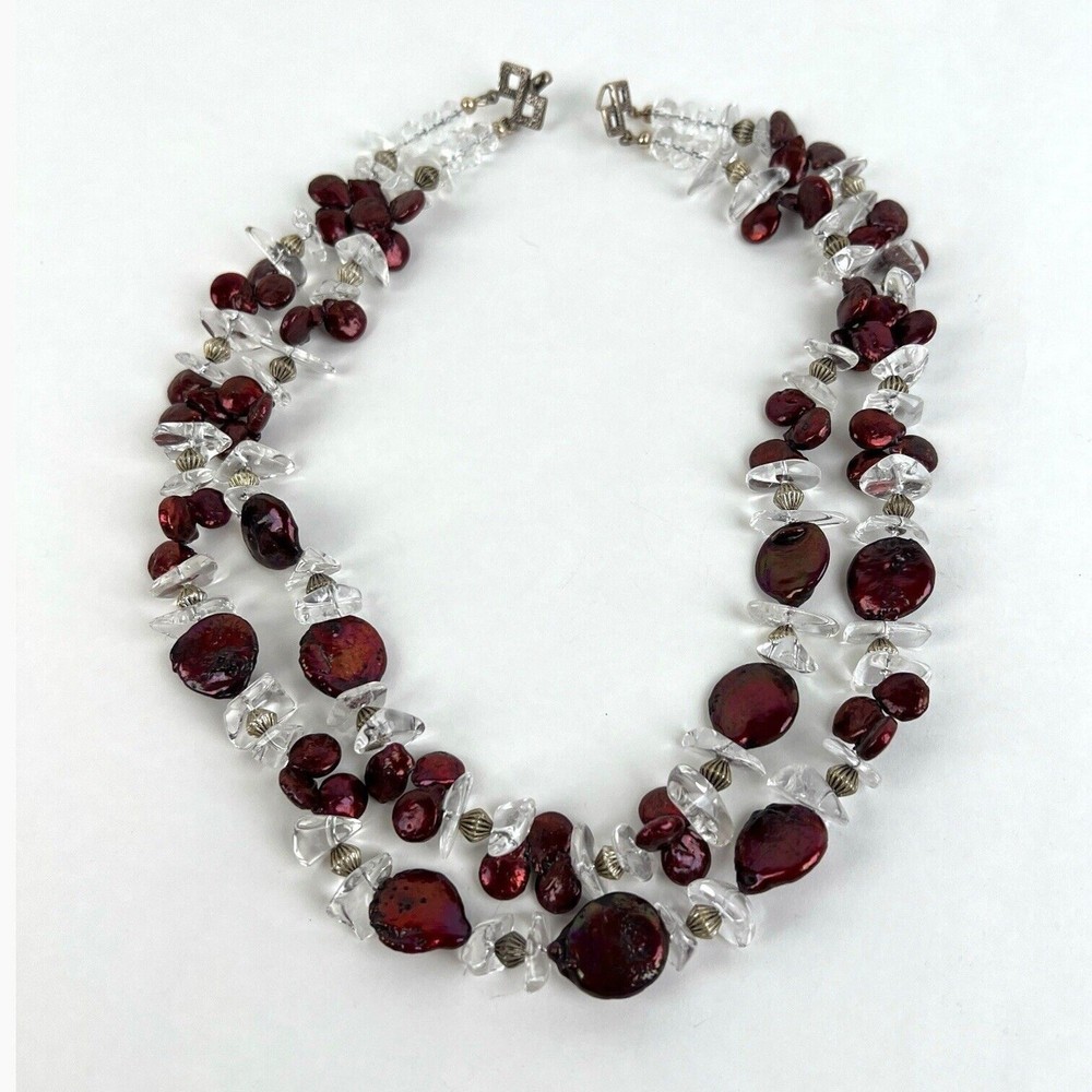 Artisan Beaded Boho Necklace Double Strand Quartz Dyed Red Shell Statement