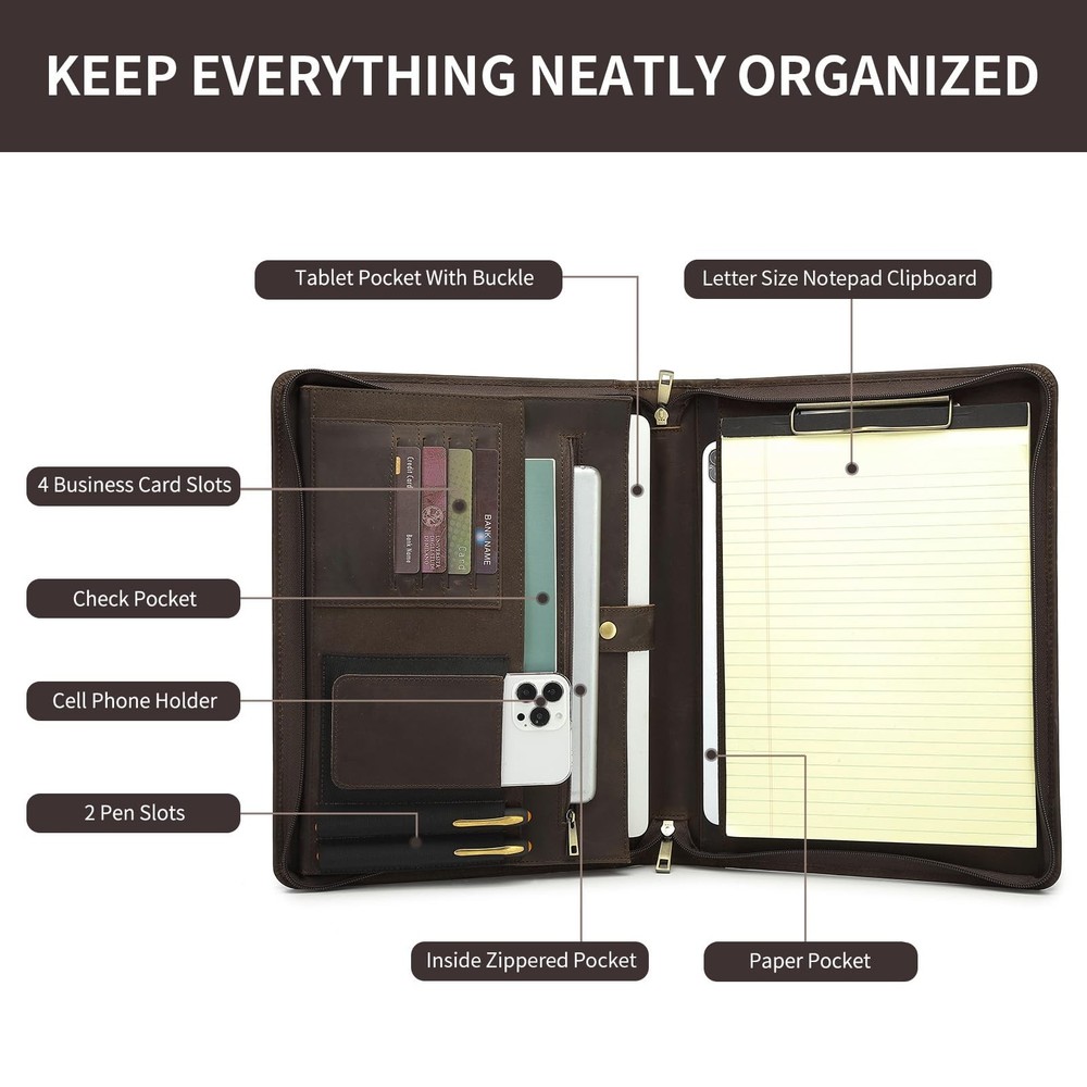 Genuine Leather Portfolio with Hidden Handle, Clipboard Folder, Front Pocket,...