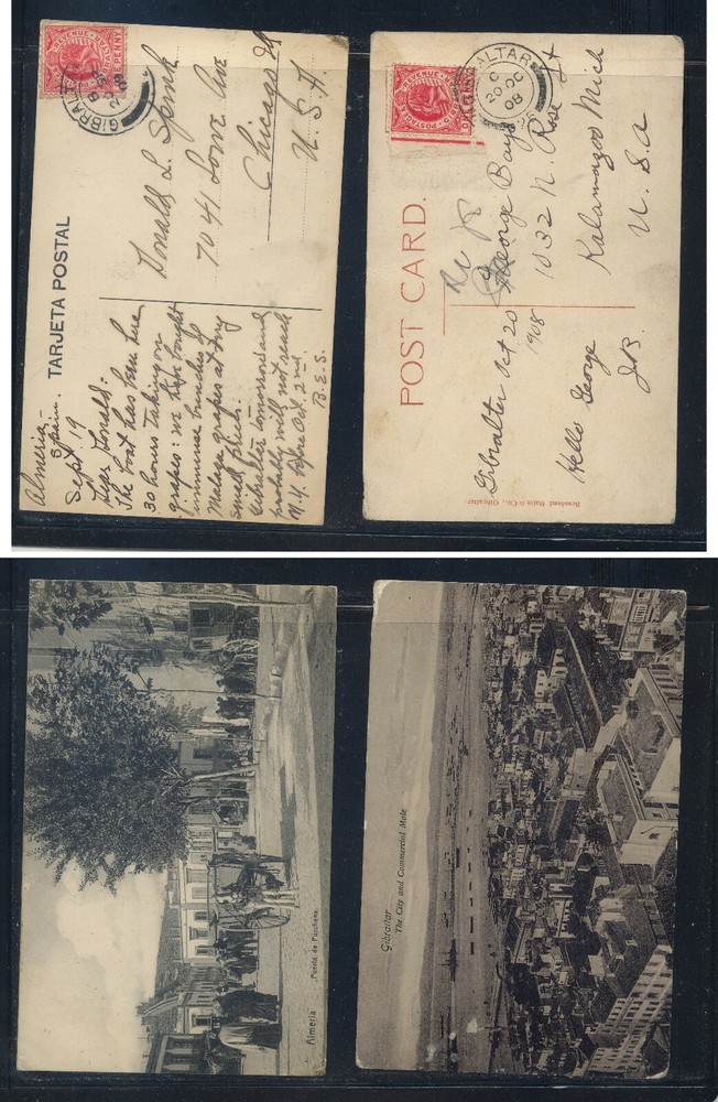 Gibraltar   2  post cards to  US   1908,   1909