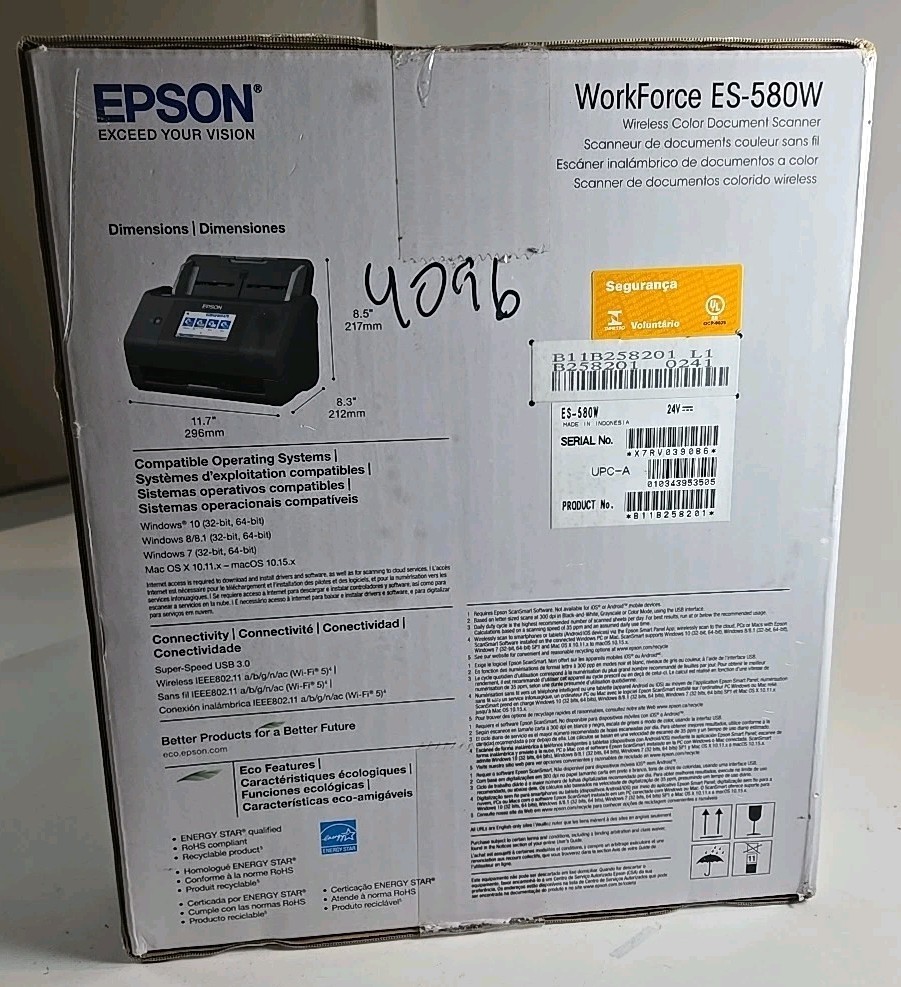 Epson WorkForce ES-580W Wireless Color Duplex Desktop Document Scanner New